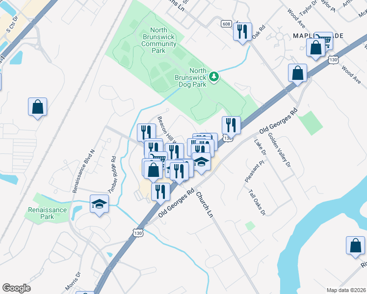 map of restaurants, bars, coffee shops, grocery stores, and more near 205 Copeley Way in North Brunswick Township