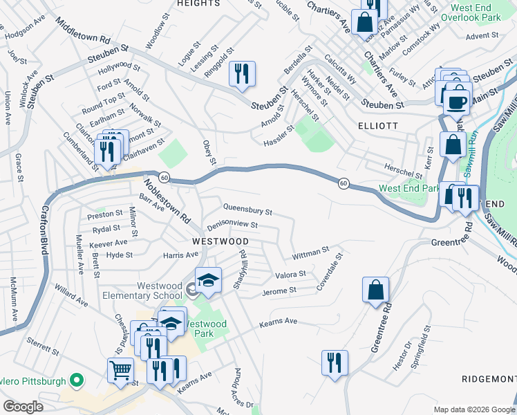 map of restaurants, bars, coffee shops, grocery stores, and more near 1235 Ledgedale Street in Pittsburgh