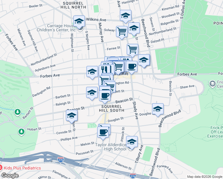 map of restaurants, bars, coffee shops, grocery stores, and more near 5813 Bartlett Street in Pittsburgh