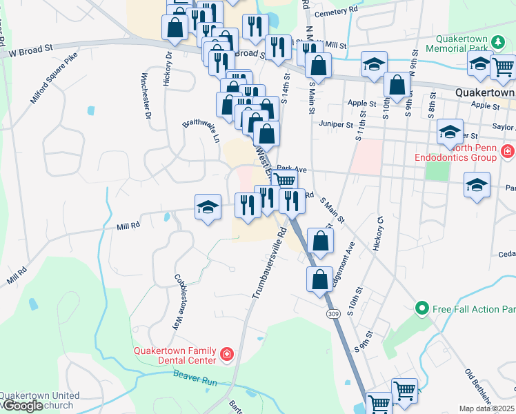 map of restaurants, bars, coffee shops, grocery stores, and more near 1527-1567 Mill Road in Quakertown