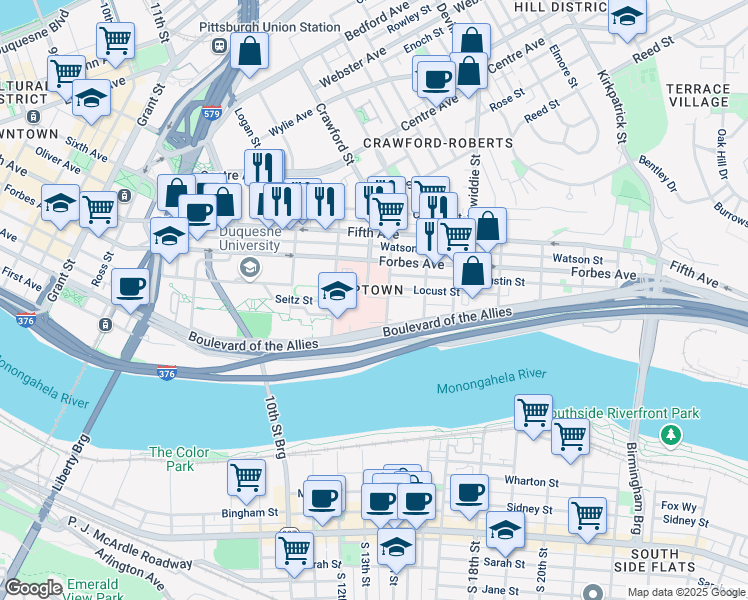map of restaurants, bars, coffee shops, grocery stores, and more near in Pittsburgh