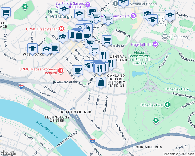 map of restaurants, bars, coffee shops, grocery stores, and more near 415 McKee Place in Pittsburgh