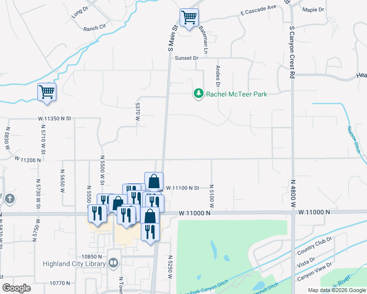 map of restaurants, bars, coffee shops, grocery stores, and more near 5249 West Legacy Court in Highland