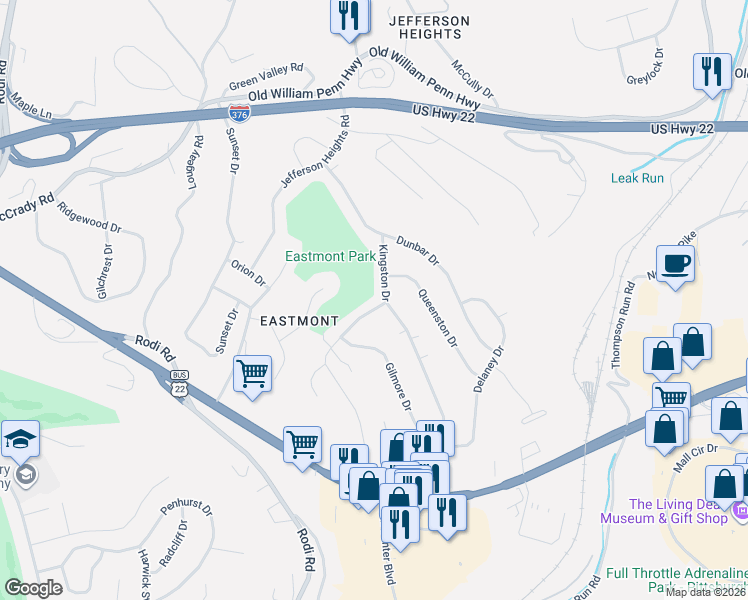 map of restaurants, bars, coffee shops, grocery stores, and more near 309 Kingston Drive in Pittsburgh