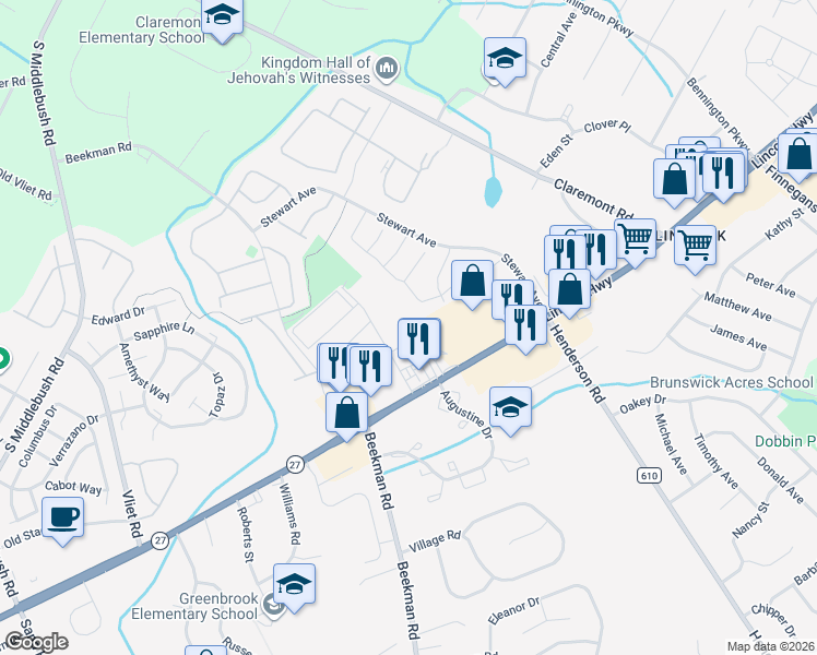 map of restaurants, bars, coffee shops, grocery stores, and more near 99 Fisher Drive in Franklin Township