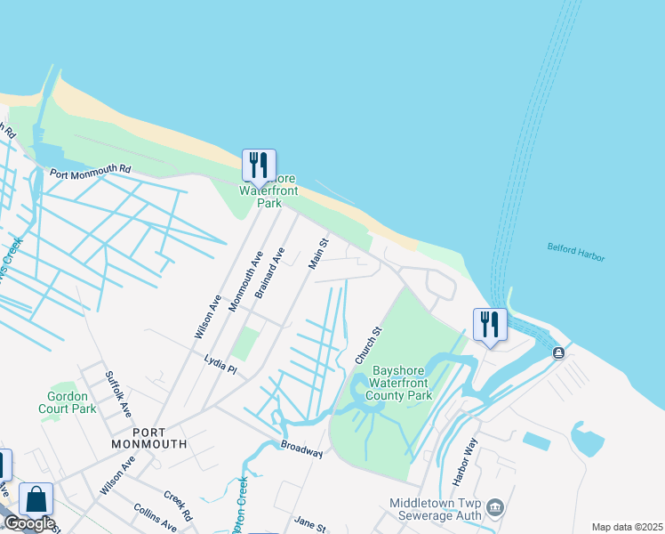 map of restaurants, bars, coffee shops, grocery stores, and more near 616 Park Avenue in Port Monmouth
