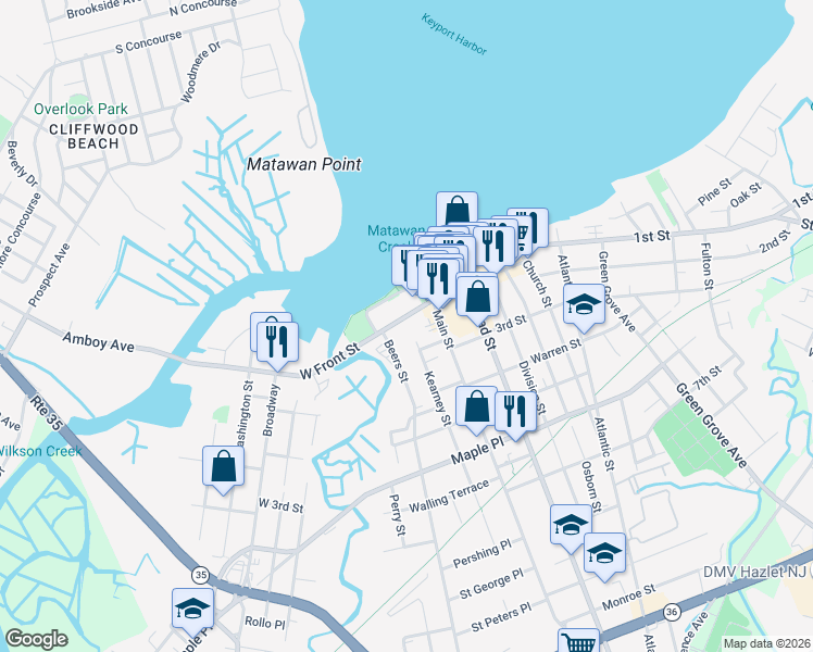map of restaurants, bars, coffee shops, grocery stores, and more near 80 West Front Street in Keyport