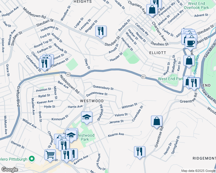 map of restaurants, bars, coffee shops, grocery stores, and more near 1235 Ledgedale Street in Pittsburgh