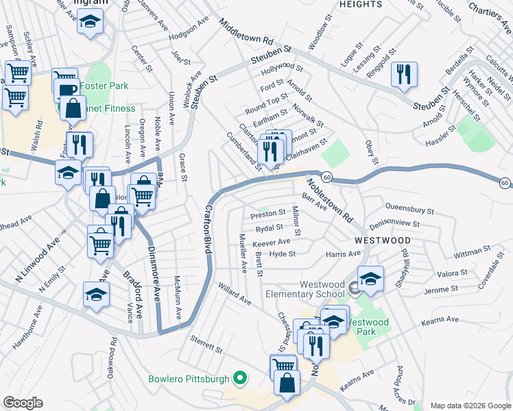 map of restaurants, bars, coffee shops, grocery stores, and more near 1444 Barr Avenue in Pittsburgh