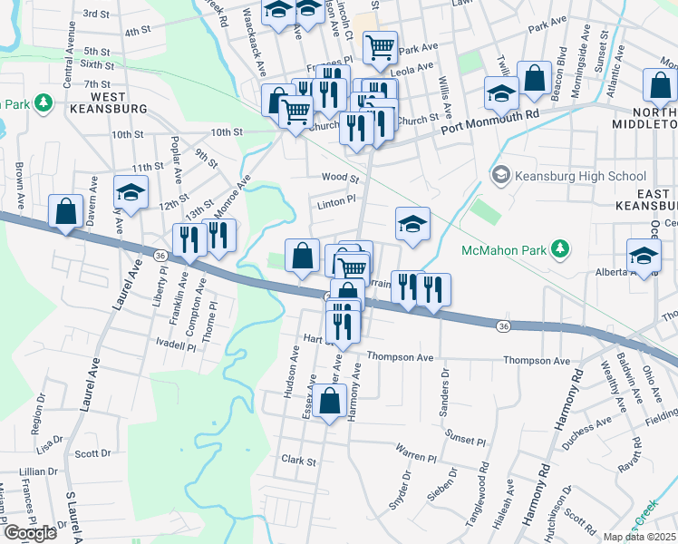 map of restaurants, bars, coffee shops, grocery stores, and more near 15 Lohsen Avenue in Keansburg