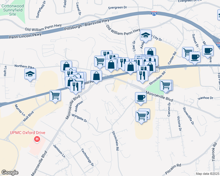 map of restaurants, bars, coffee shops, grocery stores, and more near 3936 Monroeville Boulevard in Monroeville