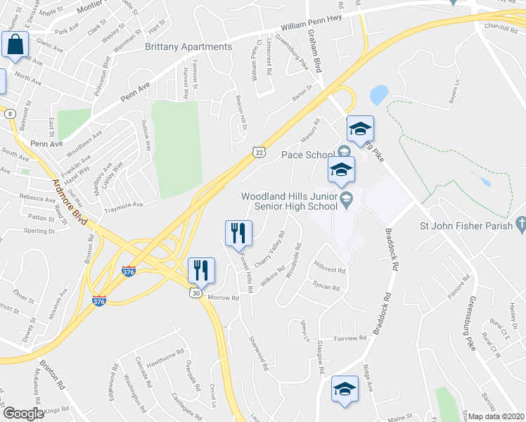 map of restaurants, bars, coffee shops, grocery stores, and more near 34 Woodside Road in Pittsburgh