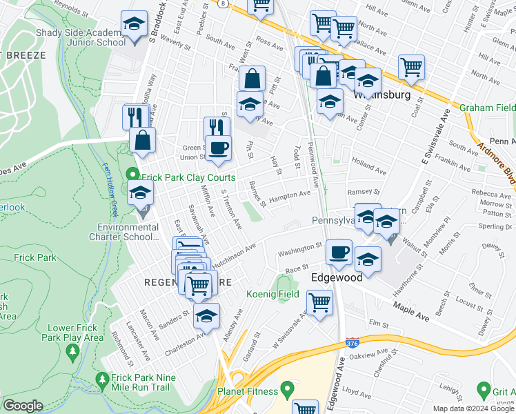 map of restaurants, bars, coffee shops, grocery stores, and more near 337 Barnes Street in Pittsburgh