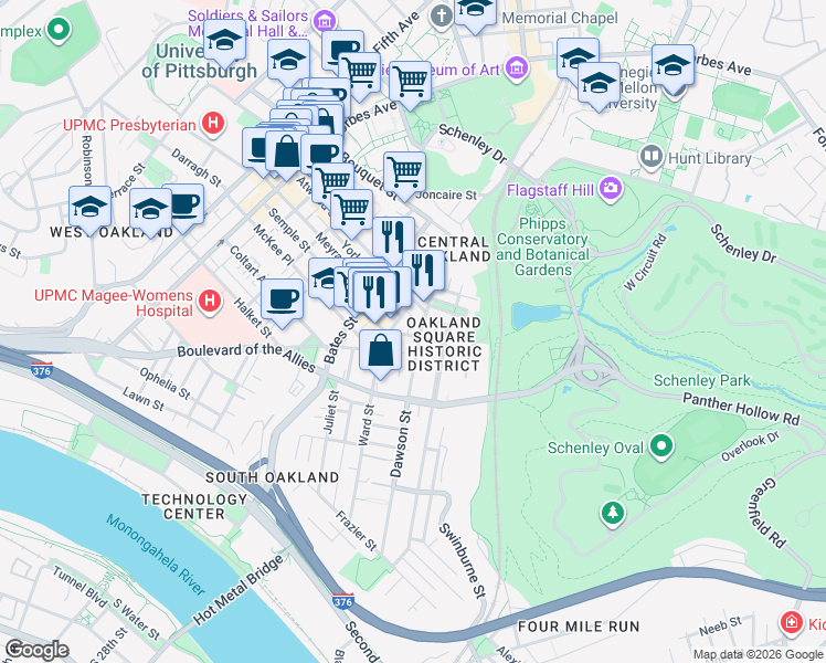 map of restaurants, bars, coffee shops, grocery stores, and more near 434 Atwood Street in Pittsburgh