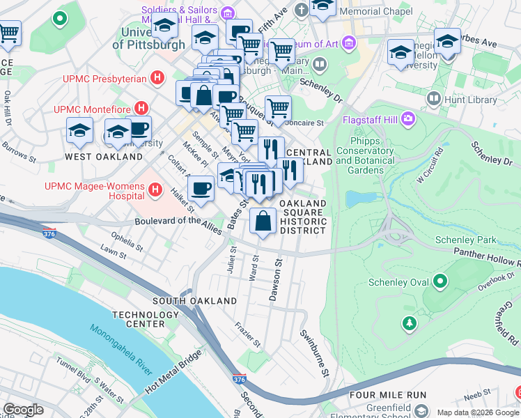 map of restaurants, bars, coffee shops, grocery stores, and more near in Pittsburgh
