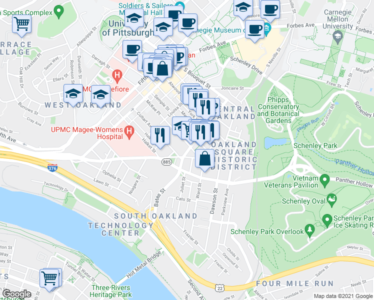 map of restaurants, bars, coffee shops, grocery stores, and more near 371 McKee Place in Pittsburgh