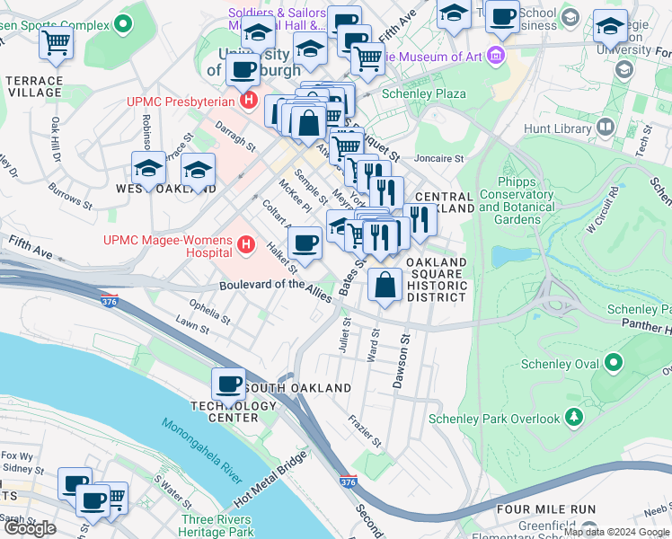 map of restaurants, bars, coffee shops, grocery stores, and more near in Pittsburgh