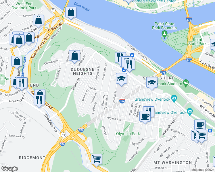 map of restaurants, bars, coffee shops, grocery stores, and more near 309 Sweetbriar Street in Pittsburgh