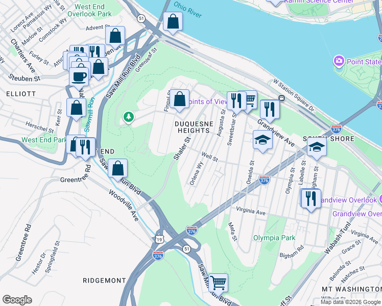 map of restaurants, bars, coffee shops, grocery stores, and more near 331 Clarence Street in Pittsburgh