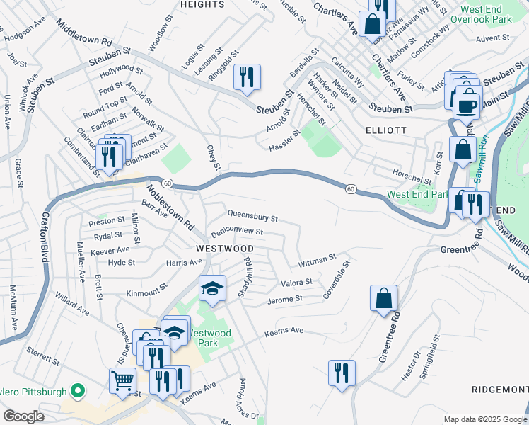 map of restaurants, bars, coffee shops, grocery stores, and more near 1235 Ledgedale Street in Pittsburgh