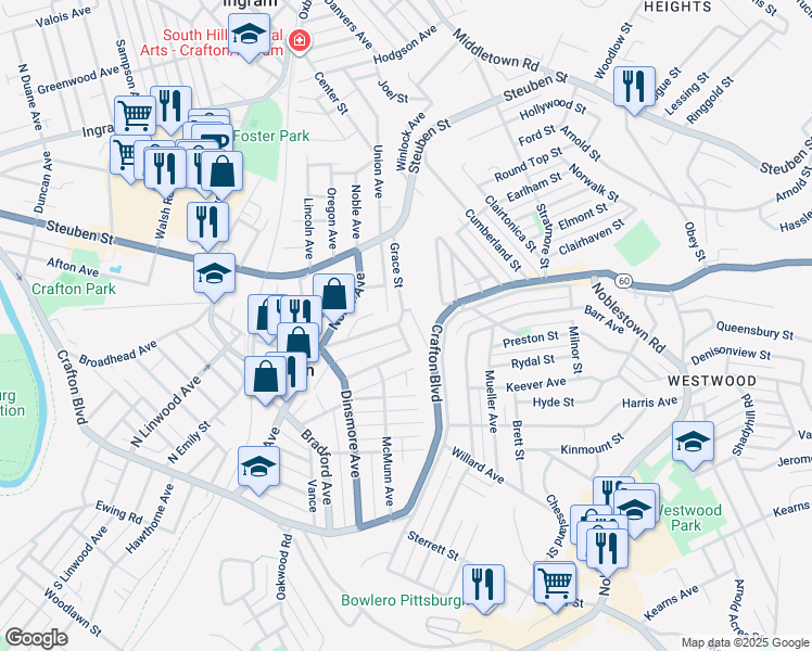 map of restaurants, bars, coffee shops, grocery stores, and more near 137 Crafton Avenue in Crafton
