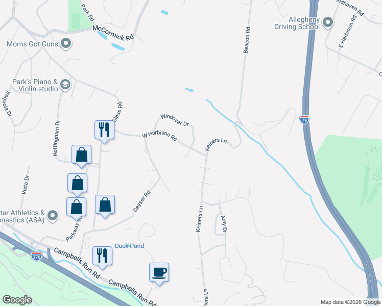 map of restaurants, bars, coffee shops, grocery stores, and more near 5004 Windover Drive in Pittsburgh