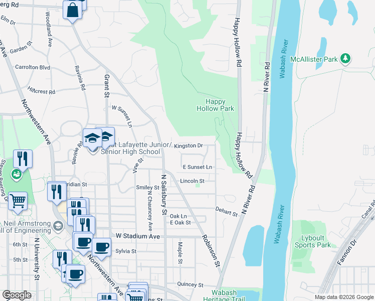map of restaurants, bars, coffee shops, grocery stores, and more near 1104 Sunset Court in West Lafayette