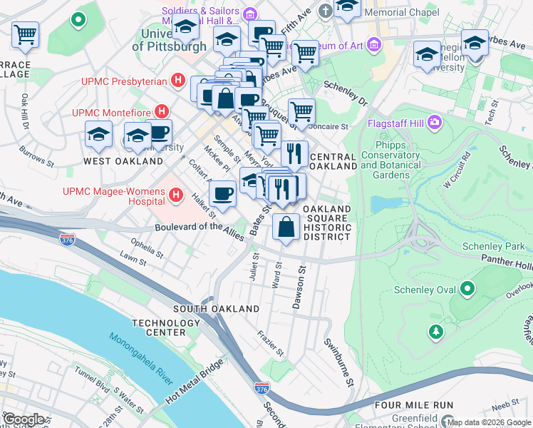 map of restaurants, bars, coffee shops, grocery stores, and more near in Pittsburgh