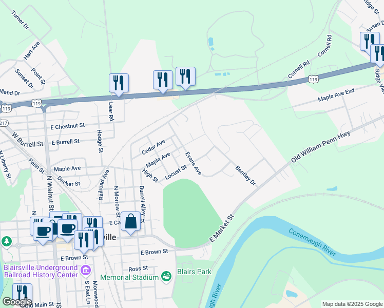 map of restaurants, bars, coffee shops, grocery stores, and more near 171 Locust Street in Blairsville