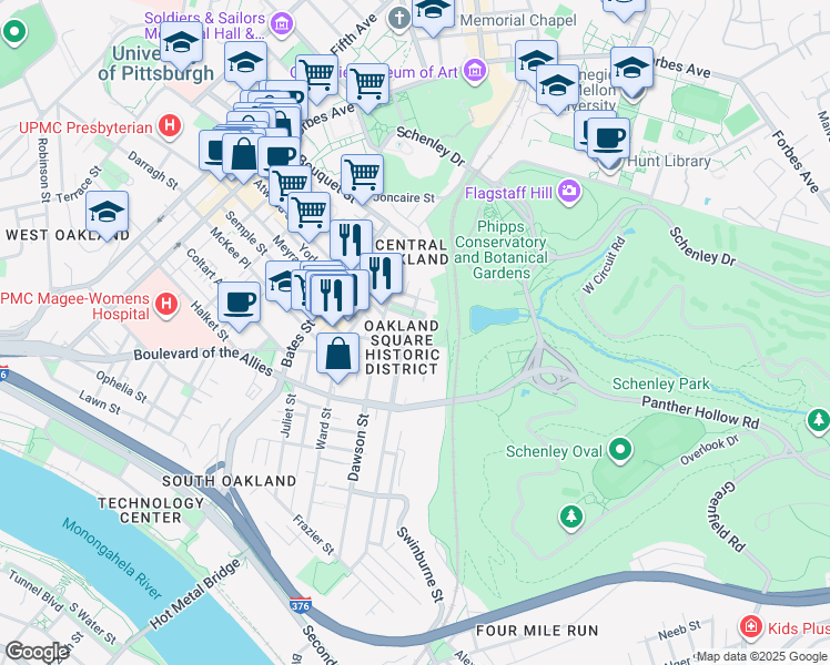 map of restaurants, bars, coffee shops, grocery stores, and more near 15 Oakland Square in Pittsburgh