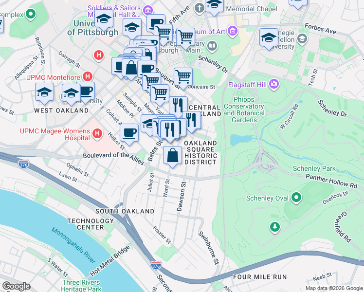 map of restaurants, bars, coffee shops, grocery stores, and more near 434 Atwood Street in Pittsburgh