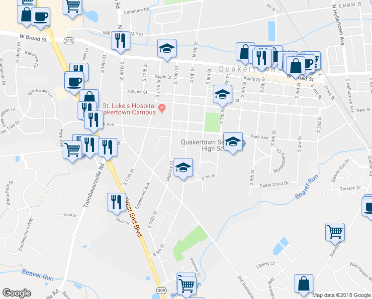 map of restaurants, bars, coffee shops, grocery stores, and more near 224 South 9th Street in Quakertown
