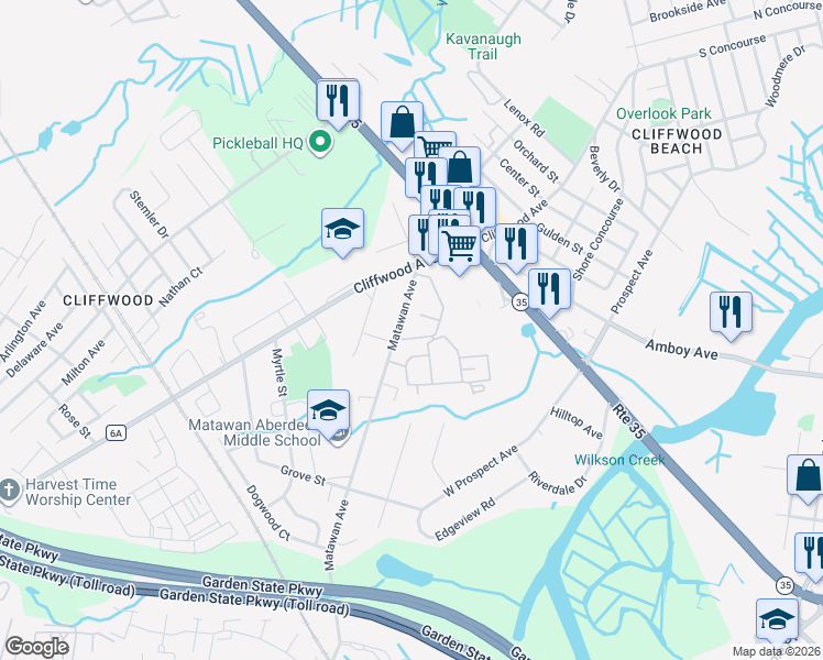 map of restaurants, bars, coffee shops, grocery stores, and more near 358B Matawan Avenue in Aberdeen Township