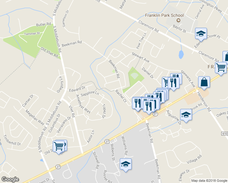 map of restaurants, bars, coffee shops, grocery stores, and more near 143 Rachel Court in Franklin Township