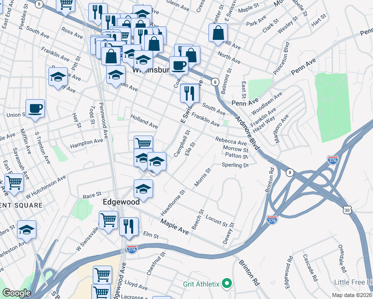 map of restaurants, bars, coffee shops, grocery stores, and more near 457 Ella Street in Pittsburgh