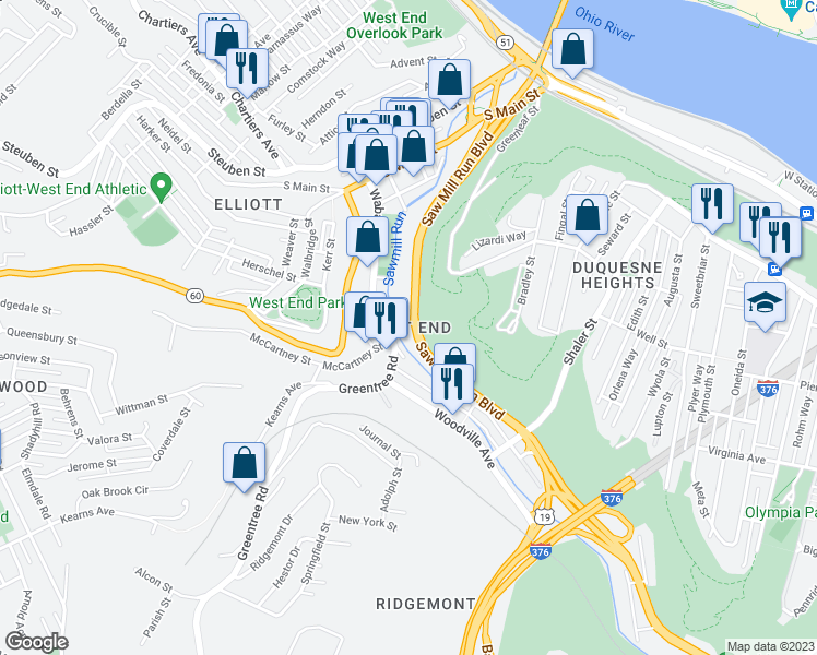 map of restaurants, bars, coffee shops, grocery stores, and more near 88 Saw Mill Run Boulevard in Pittsburgh