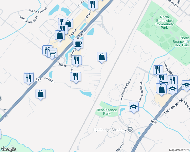 map of restaurants, bars, coffee shops, grocery stores, and more near 46 Fleet Street in North Brunswick Township