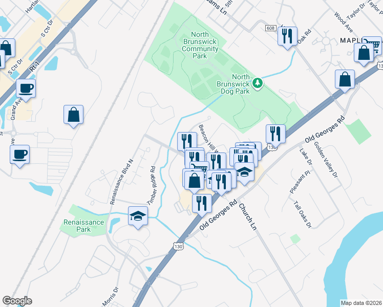 map of restaurants, bars, coffee shops, grocery stores, and more near 116 Salem Road in North Brunswick Township