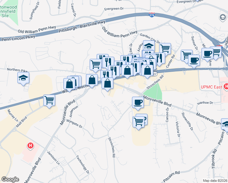 map of restaurants, bars, coffee shops, grocery stores, and more near 3948 Monroeville Boulevard in Monroeville