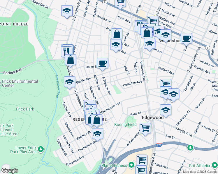 map of restaurants, bars, coffee shops, grocery stores, and more near 833 South Trenton Avenue in Pittsburgh