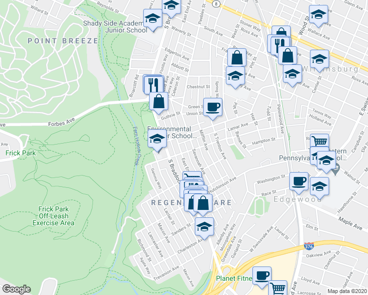 map of restaurants, bars, coffee shops, grocery stores, and more near 114 Biddle Avenue in Pittsburgh