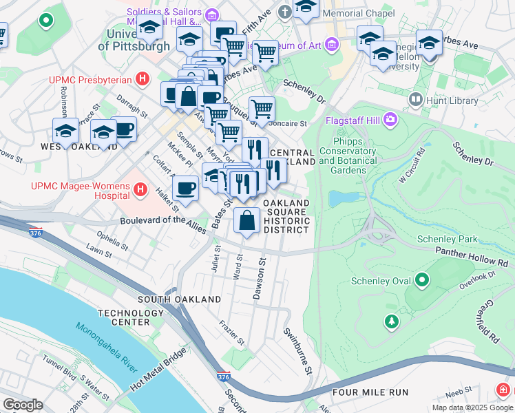 map of restaurants, bars, coffee shops, grocery stores, and more near 434 Atwood Street in Pittsburgh