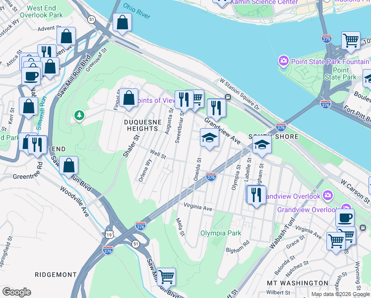 map of restaurants, bars, coffee shops, grocery stores, and more near 309 Sweetbriar Street in Pittsburgh