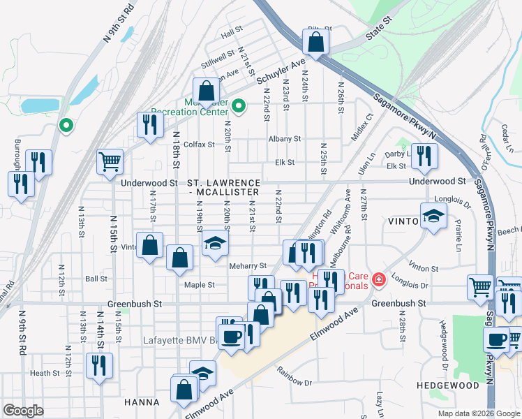 map of restaurants, bars, coffee shops, grocery stores, and more near 2108 Charles St in Lafayette