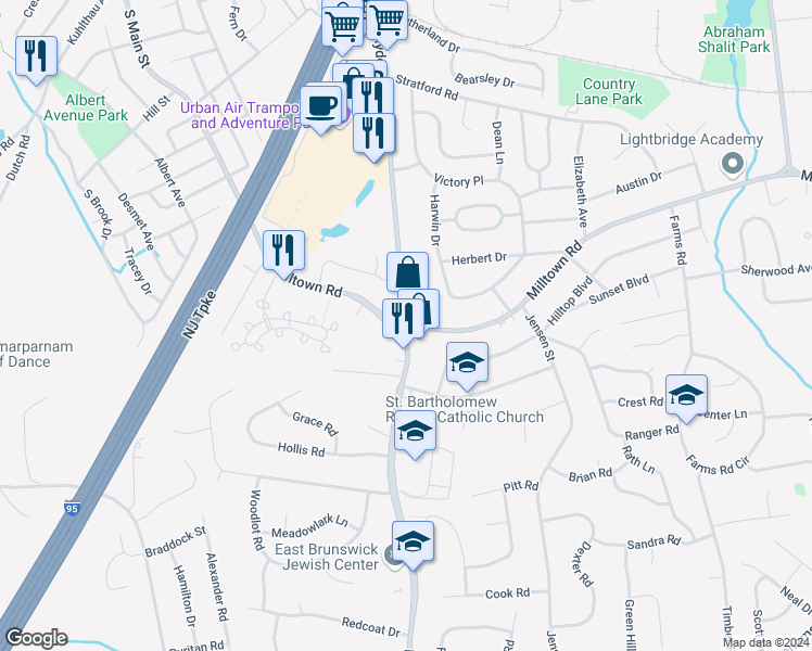 map of restaurants, bars, coffee shops, grocery stores, and more near Ryders Lane & Milltown Road in East Brunswick