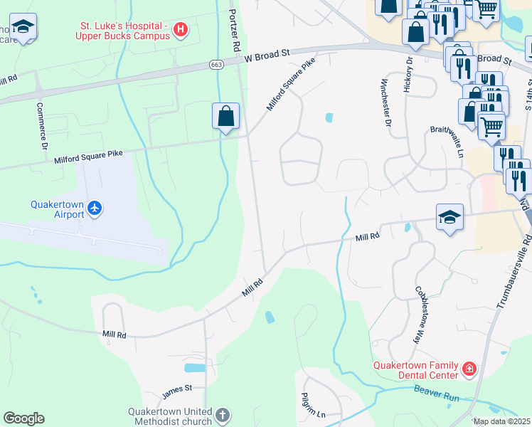 map of restaurants, bars, coffee shops, grocery stores, and more near 2050 Portzer Road in Quakertown