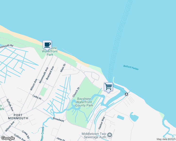 map of restaurants, bars, coffee shops, grocery stores, and more near 10 Golden Eye Lane in Port Monmouth