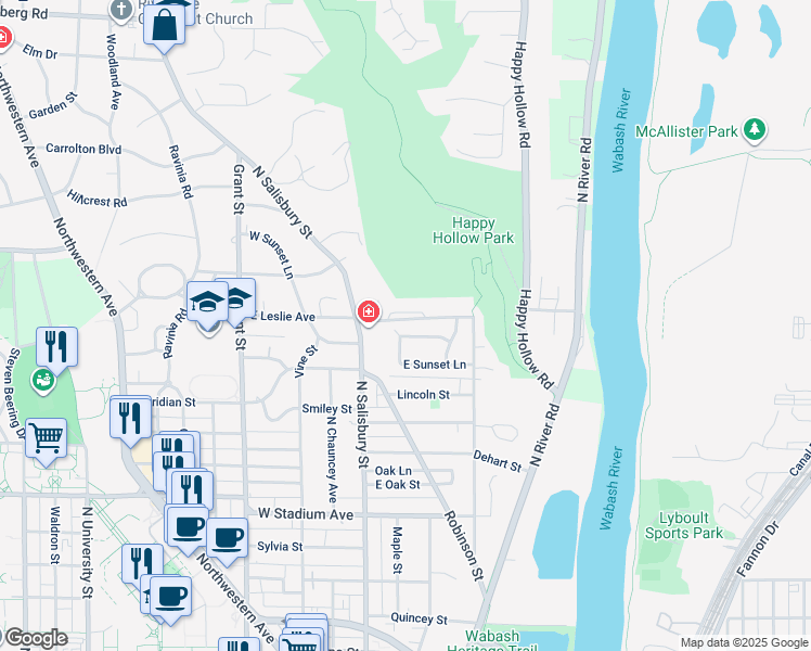 map of restaurants, bars, coffee shops, grocery stores, and more near 1104 Sunset Court in West Lafayette