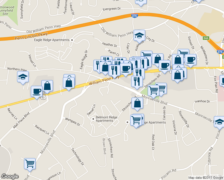 map of restaurants, bars, coffee shops, grocery stores, and more near 3948 Monroeville Boulevard in Monroeville