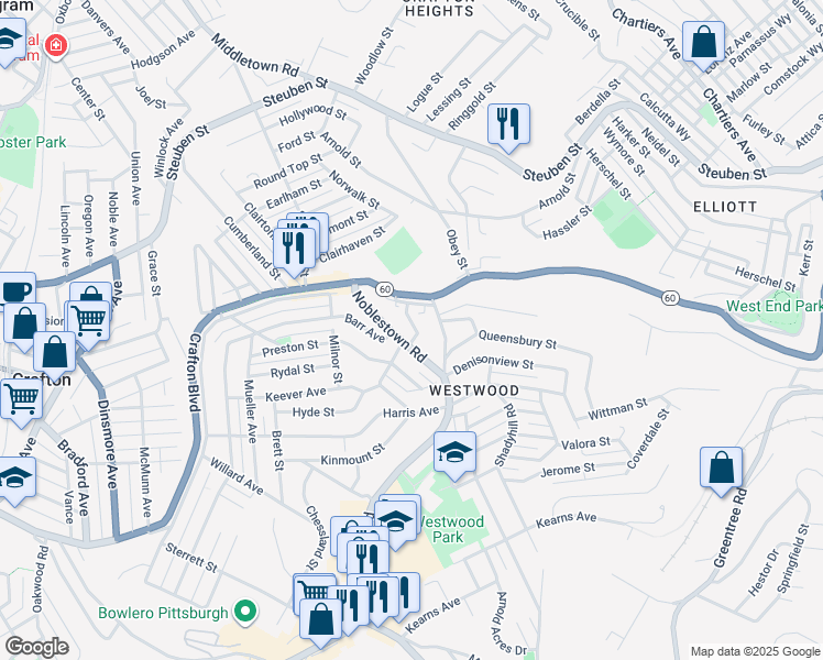 map of restaurants, bars, coffee shops, grocery stores, and more near 1226 Bartow Street in Pittsburgh